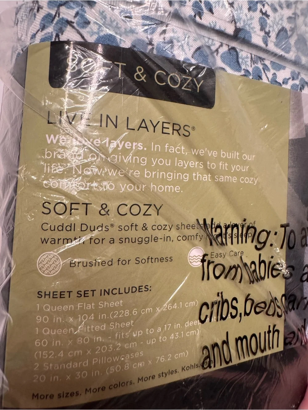 Cuddl Duds Blue Floral Cotton Queen 4pc Sheet Set